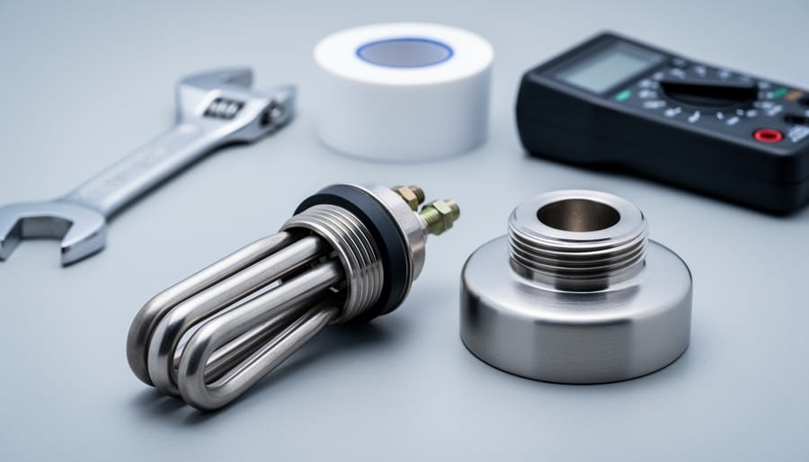 Close-up of a 316 stainless steel screw-in water heater element with EPDM gasket next to a stainless steel tank’s threaded port, with a wrench, Teflon tape, and a digital multimeter softly blurred in the background under studio lighting.