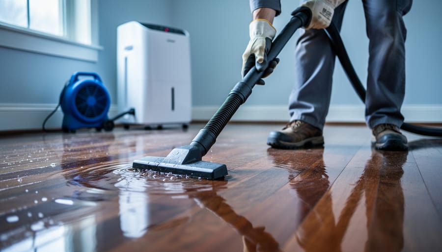 Gloved homeowner using a wet/dry vacuum to remove standing water from a flooded hardwood floor, with blurred dehumidifier and water-stained baseboard in the background under soft natural light.