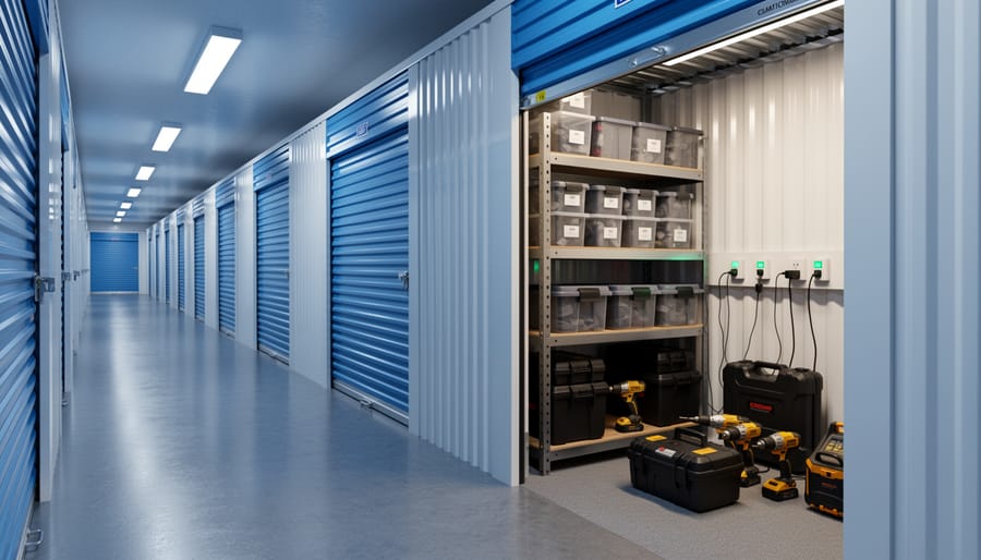 Interior of storage unit showing electrical outlet on wall with clean concrete floor