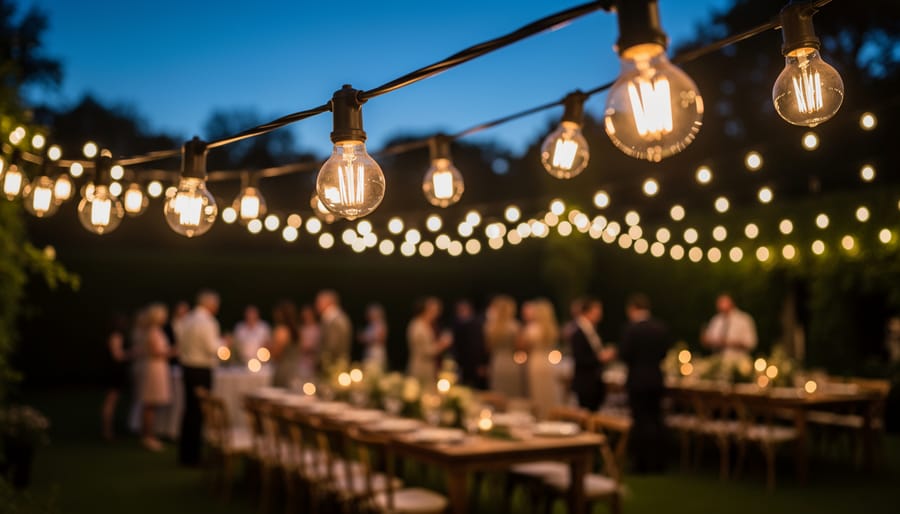 Warm string lights hanging across backyard during evening twilight