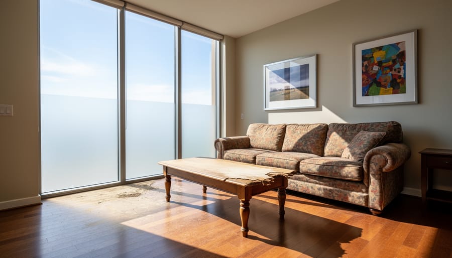 Living room furniture showing sun damage near unprotected window with bright sunlight