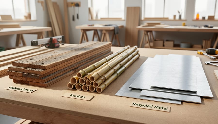 Assortment of eco-friendly building materials including reclaimed wood, bamboo, and recycled metal at construction site