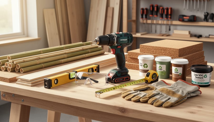 Construction power tools and equipment arranged on workbench with sustainable building material samples