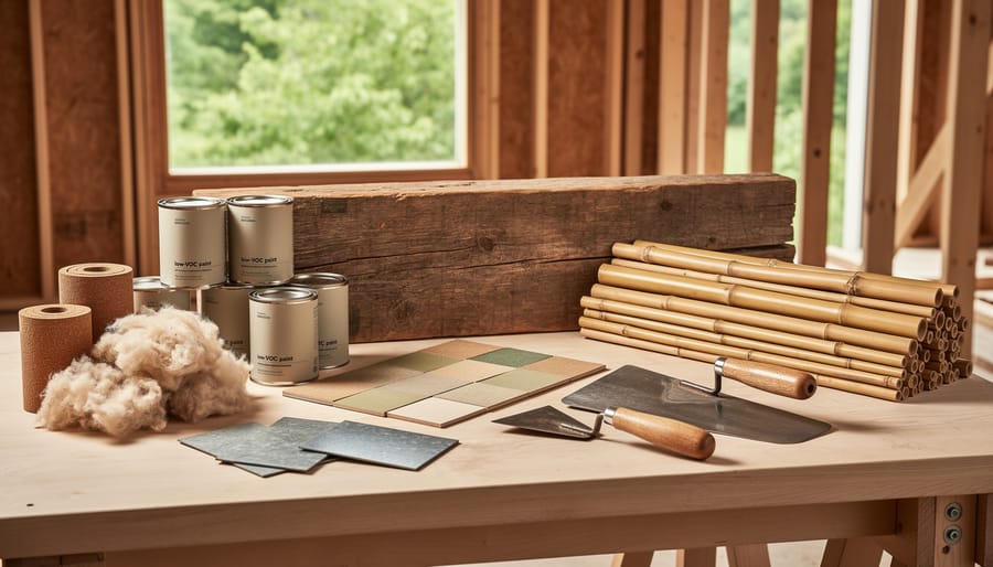 Sustainable building materials arranged on a workbench—reclaimed wood, bamboo planks, recycled metal offcuts, rolls of cork insulation, sheep’s wool batts, unbranded paint tins, natural linoleum tiles, and a clay plaster trowel—shot at eye level with soft daylight and a blurred timber-framed interior and greenery behind.