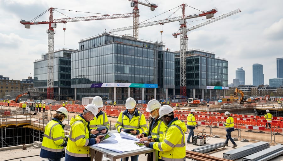 Construction workers in safety gear working on modern tech office building with scaffolding