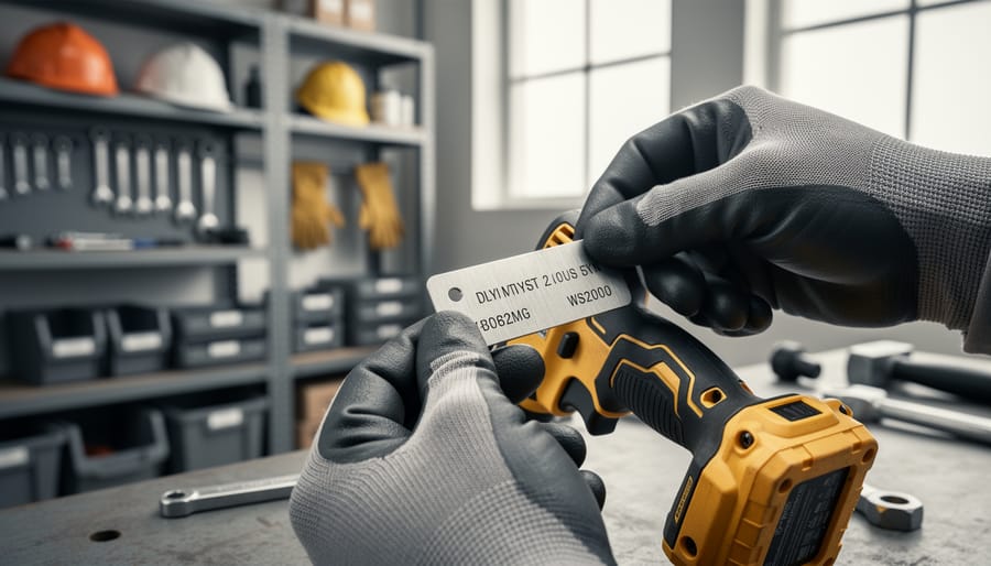 Gloved technician attaching a brushed metal asset tag to a yellow power tool on a workbench, with softly blurred workshop shelves and safety gear in the background; no readable text or logos visible.