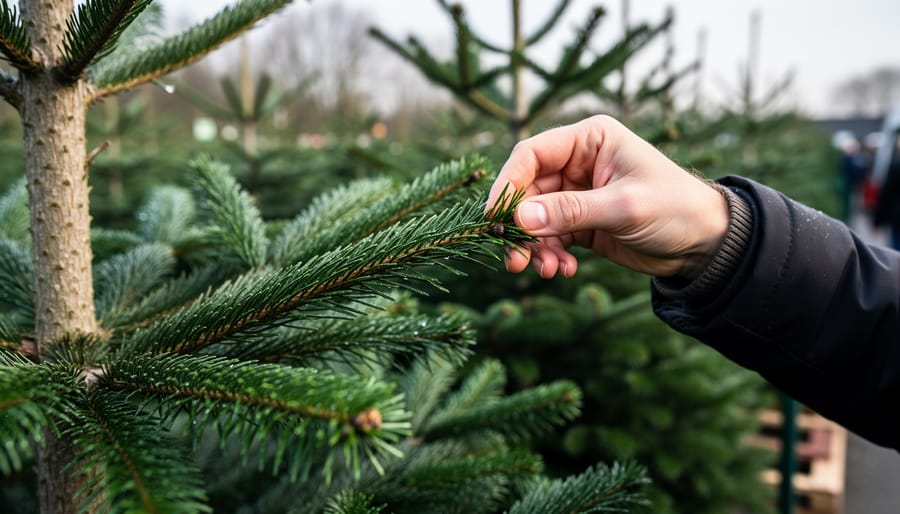 Close-up of hands testing the flexibility of fresh green Christmas tree needles