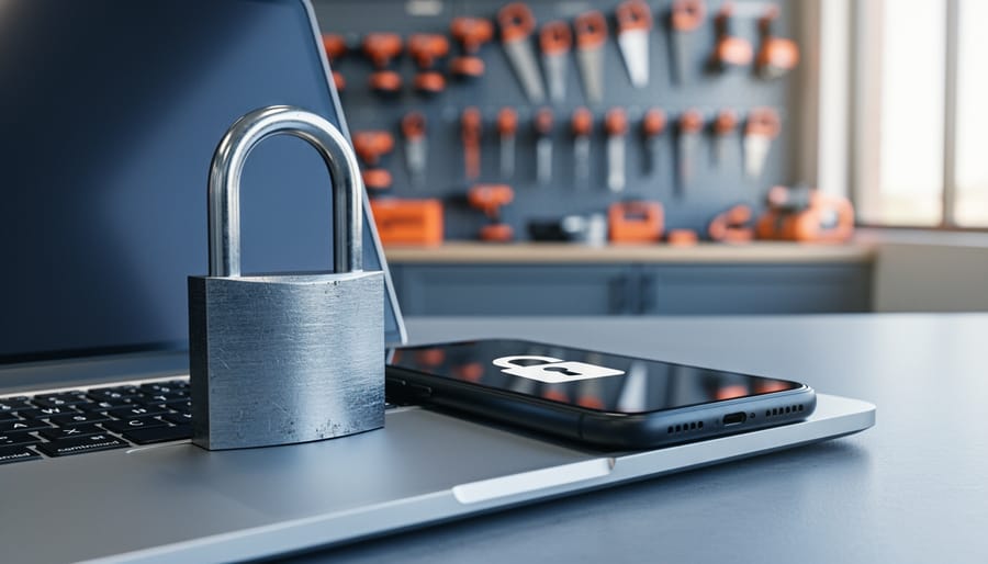 Steel padlock and smartphone on a laptop with a blurred tool rental counter of power tools in the background, photographed from above in soft daylight to represent layered data security.