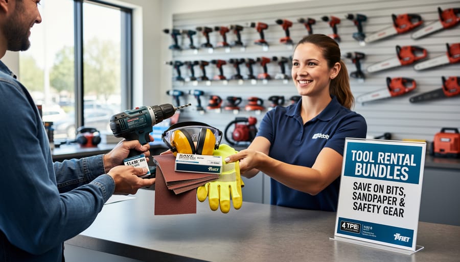 Power drill surrounded by various accessories including drill bits, sandpaper, and safety equipment on workbench