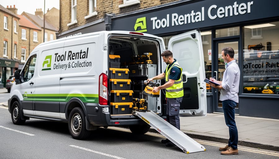 Tool rental delivery van with open doors showing equipment at residential location