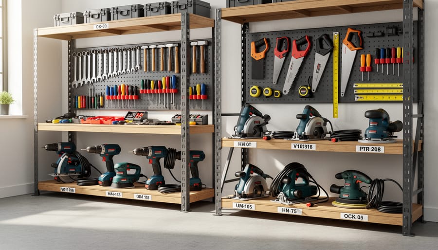 Organized collection of hand tools and power tools on storage shelves