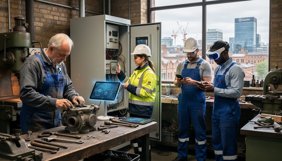 Group of construction workers and tradespeople discussing project at urban building site