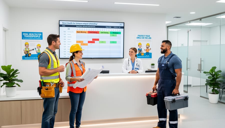 Construction worker receiving dental checkup in modern dental office