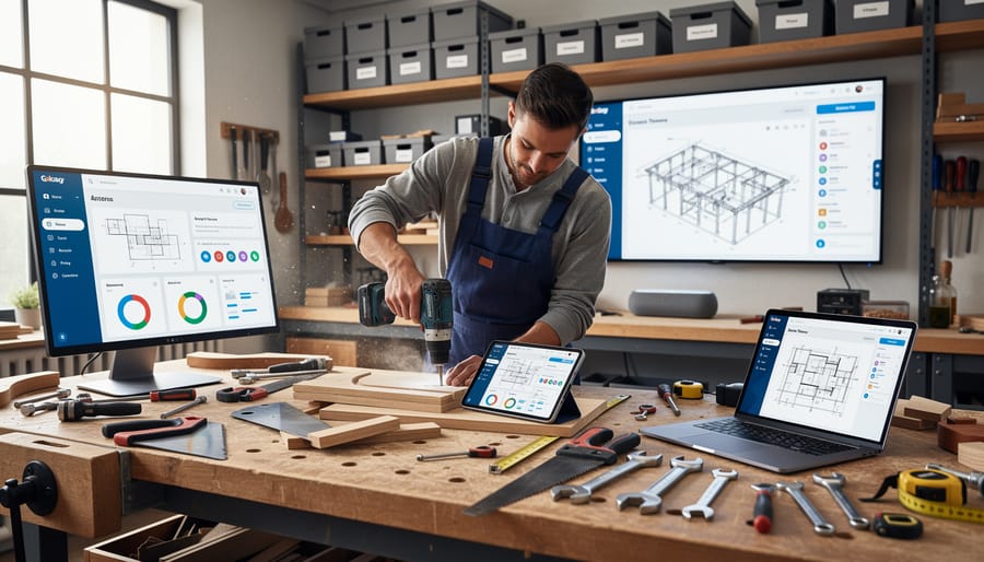 Tradesperson using digital tablet alongside power tools on construction workbench