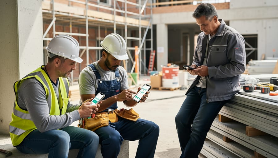 Tradesperson reviewing investment portfolio on tablet during work break