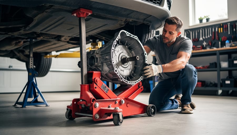 Automotive transmission jack supporting gearbox assembly in workshop garage
