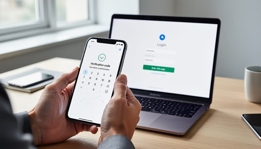 Business professional entering two-factor authentication code on smartphone