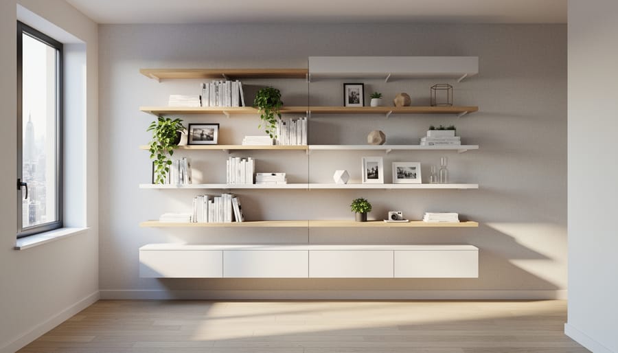 Modern apartment interior with floating shelves and organized wall storage