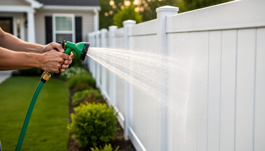 Hands using a hose nozzle to rinse a white vinyl fence at golden hour, water droplets glistening on the panels with a blurred green yard and house behind.