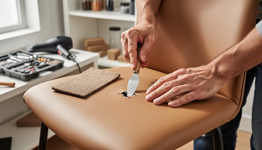 Close-up of hands applying vinyl repair compound to a small tear on a tan dining chair seat with a palette knife and grain pad, with a repair kit and hair dryer blurred in the background.