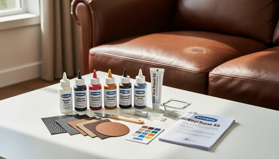 Vinyl repair kit materials including compound, texture papers, and colorants arranged on workbench
