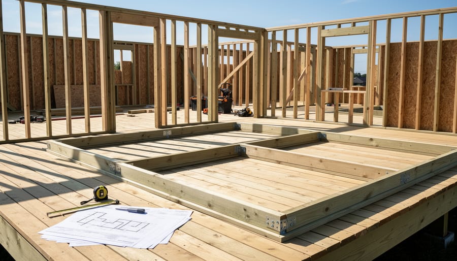 Overhead view of wall frame with studs laid out flat on construction deck