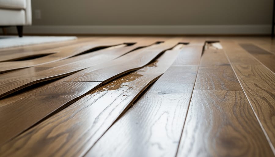Water-damaged hardwood floor showing warped and buckled planks