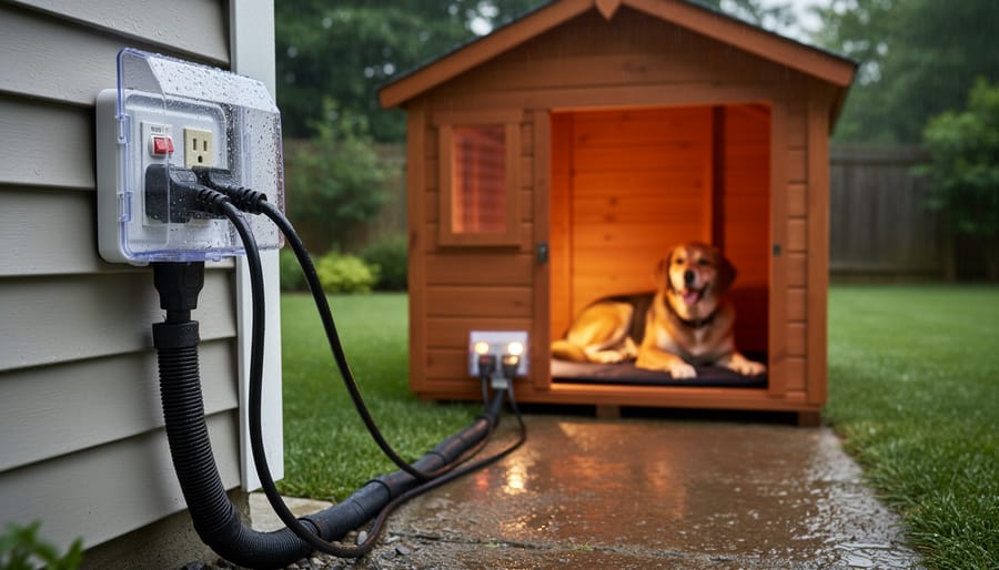 Weatherproof electrical outlet with GFCI protection and insulated cord for outdoor dog heater