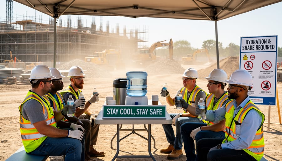 Construction worker taking water break under shade structure on hot sunny day