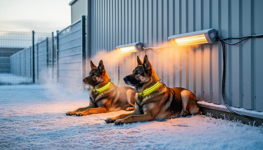 Border Collie resting on heated pad in outdoor dog house during cold weather