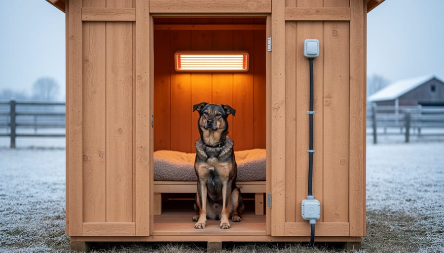 Working dog at the entrance of an insulated outdoor kennel with a radiant heat panel above a raised bed and a weatherproof power connection, warm interior glow against a cold winter farm background.