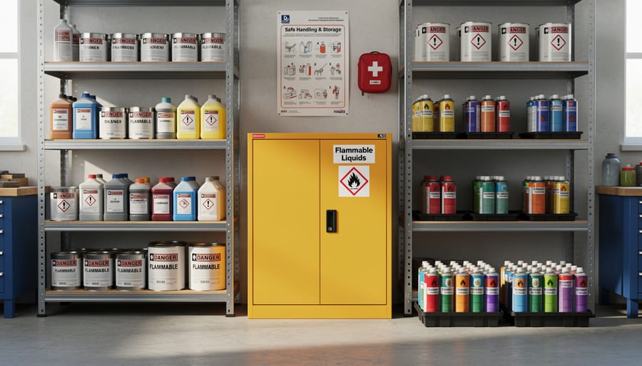 Overhead view of various workshop chemical containers and paint cans on wooden workbench