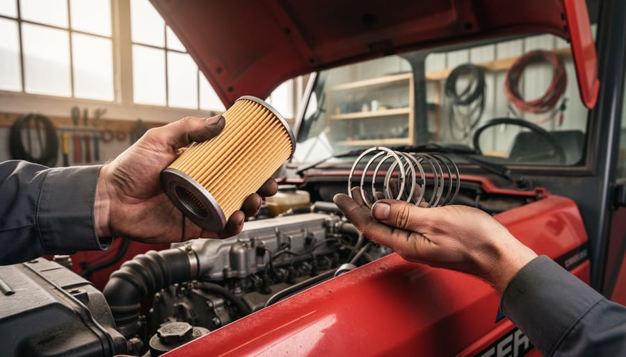 Mechanic’s hands hold an unbranded oil filter and piston rings over the open engine bay of a compact red diesel tractor, with belts and hoses blurred on workshop shelves in the background under soft natural daylight.
