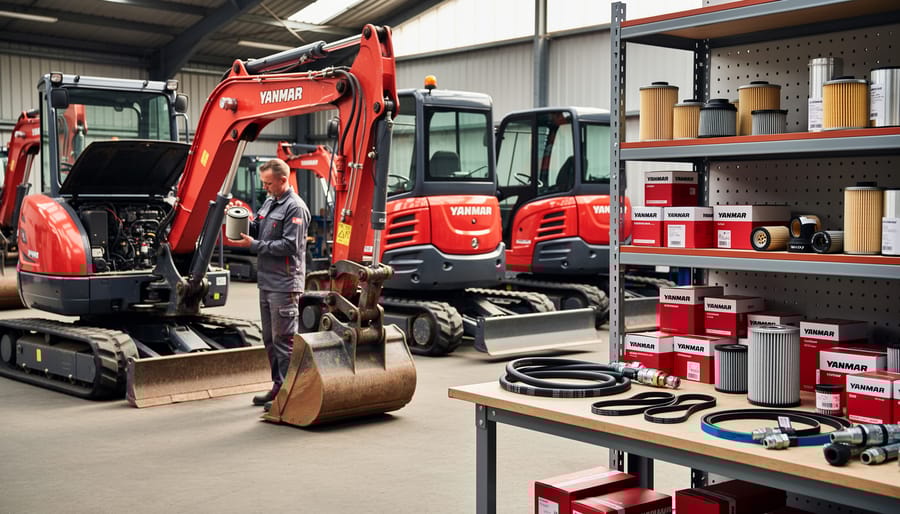 Yellow Yanmar excavator with open engine compartment at construction site