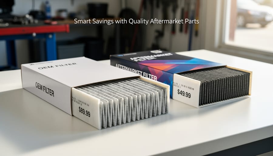 Assortment of engine filters and replacement parts arranged on workbench