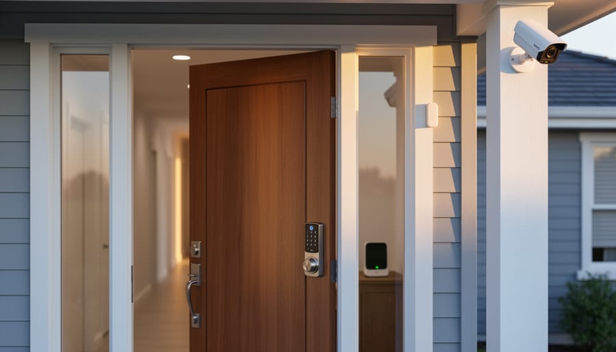 Eye-level view of a modern front door with a smart deadbolt and discreet door/window sensor, an outdoor security camera above the entry, and a blurred smart home hub visible inside the hallway.