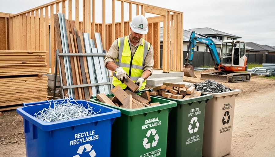 Contractor in a high-visibility vest placing scrap into color-coded recycling bins on a clean job site with a framed house, stacked lumber, and a compact excavator in the background under soft overcast light.