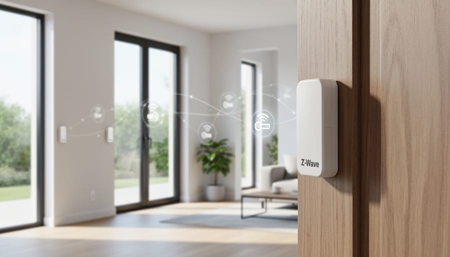 Modern Z-Wave wireless door sensor mounted on doorframe with LED indicator