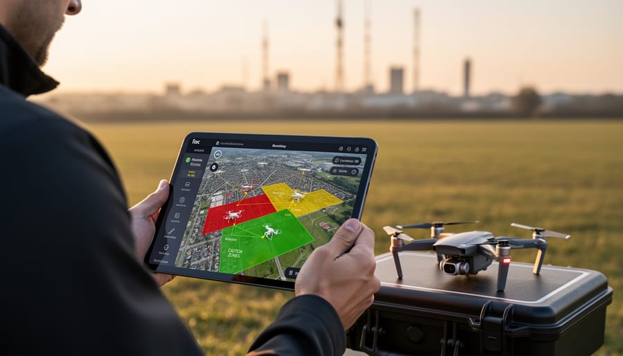 Drone pilot checking airspace restrictions on mobile device before flight