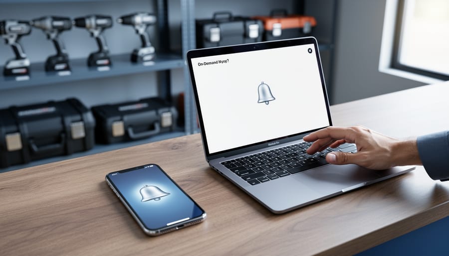 Overhead three-quarter view of a tool rental desk with a smartphone displaying a glowing notification icon beside a laptop under a person’s hand, with blurred warehouse shelves of power tools in the background.