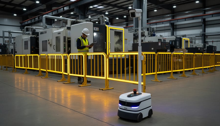 Worker applying reflective safety tape to traffic cone at work site