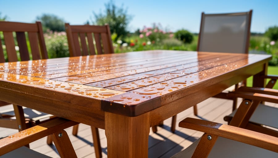 Close-up of hands applying wood sealant to cedar furniture surface with foam brush