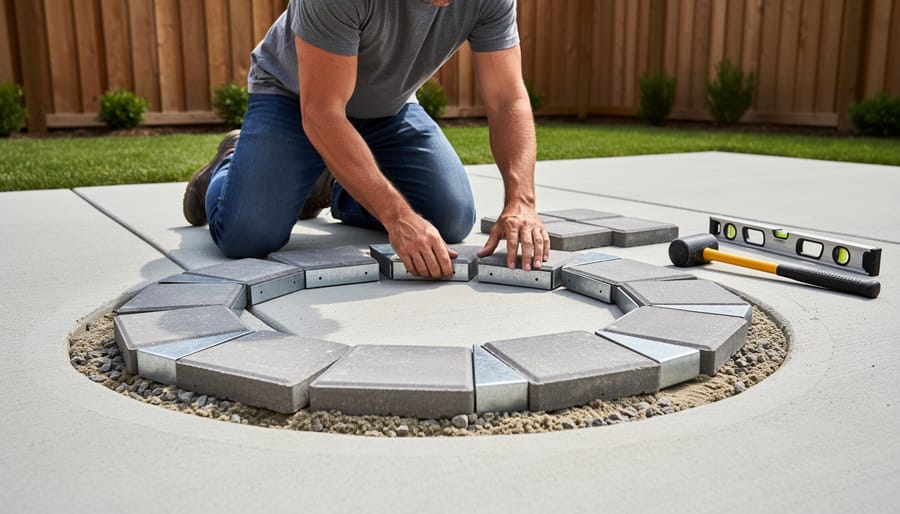 Overhead view of hands assembling stone fire pit ring on protected concrete patio surface