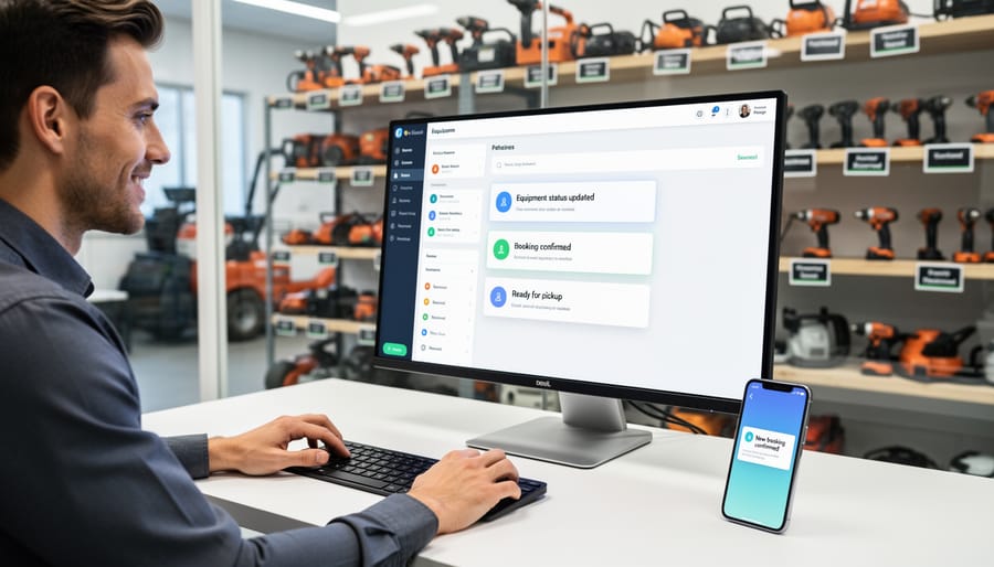 Warehouse manager receiving instant notification on tablet in equipment rental facility