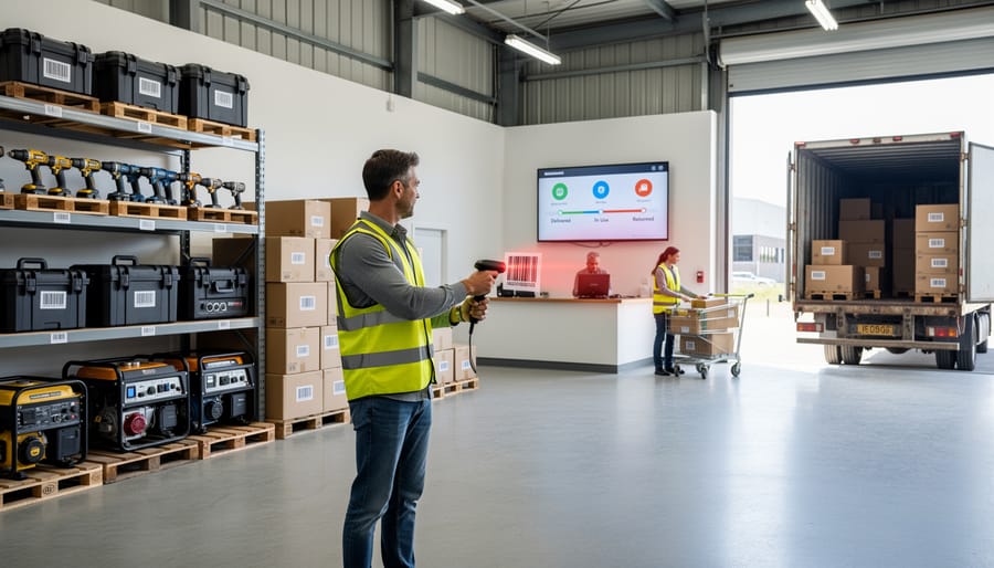 Worker scanning barcode on power tool with mobile device for inventory tracking