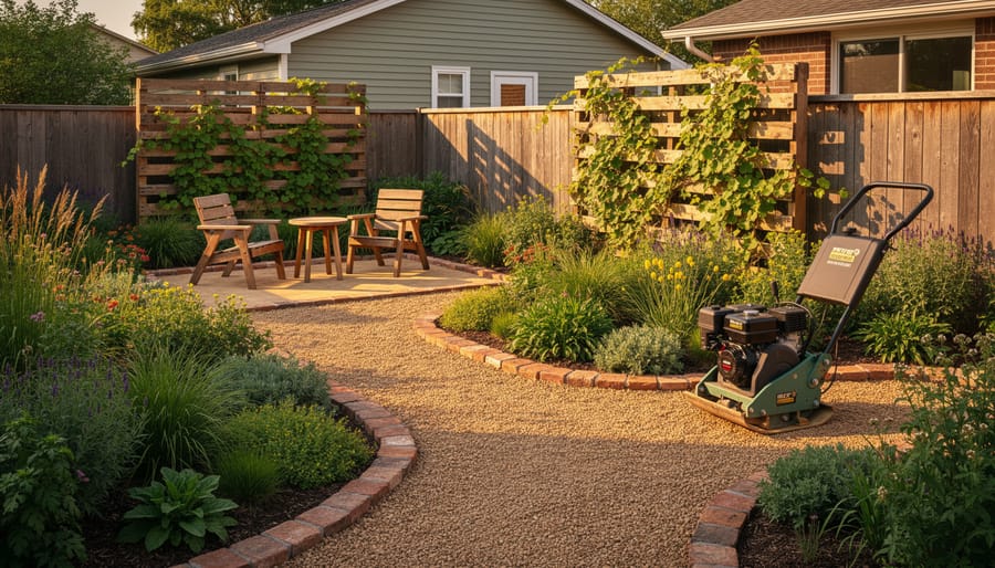 Small suburban backyard redesigned on a budget with a decomposed granite path bordered by reclaimed bricks, a pallet trellis with climbing vines, layered native perennials, a compact seating area, and a rented plate compactor tucked in the background at golden hour.