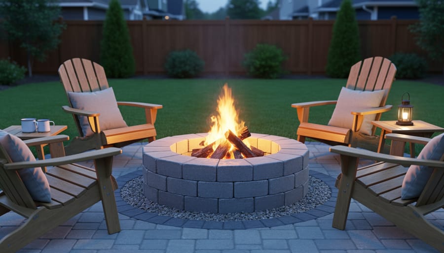 DIY concrete block fire pit with flames at twilight surrounded by log seating