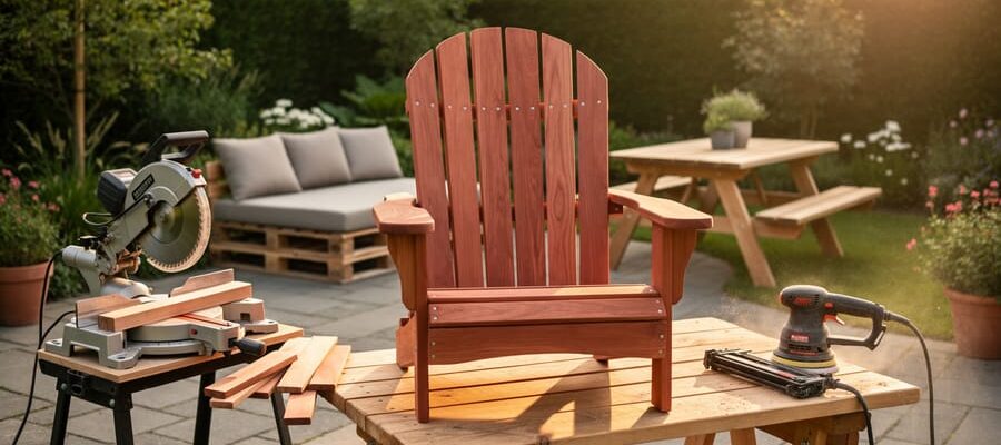 Half-assembled cedar Adirondack chair on sawhorses with a compound miter saw, random orbital sander, and nail gun in a sunlit backyard; finished picnic table and pallet lounge softly blurred behind