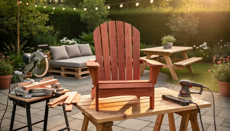 Half-assembled cedar Adirondack chair on sawhorses with a compound miter saw, random orbital sander, and nail gun in a sunlit backyard; finished picnic table and pallet lounge softly blurred behind