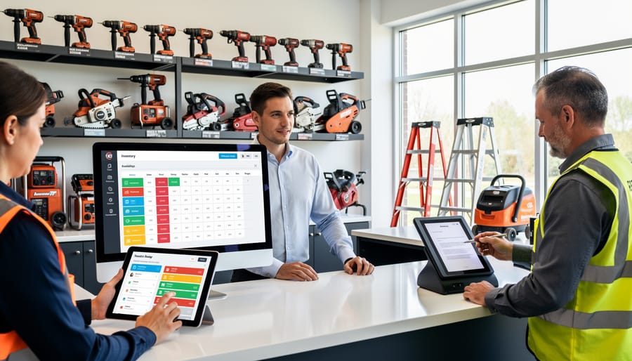 Construction worker using smartphone to check equipment availability in tool rental yard